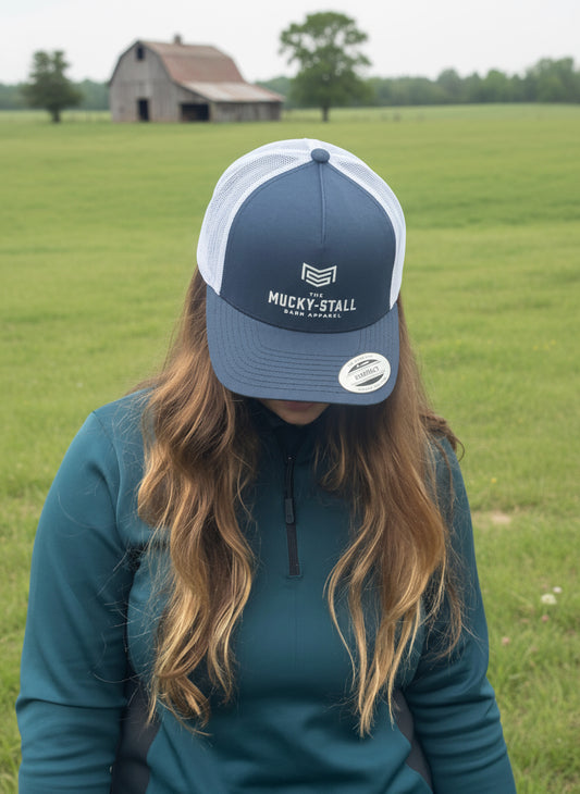 Navy and white trucker hat